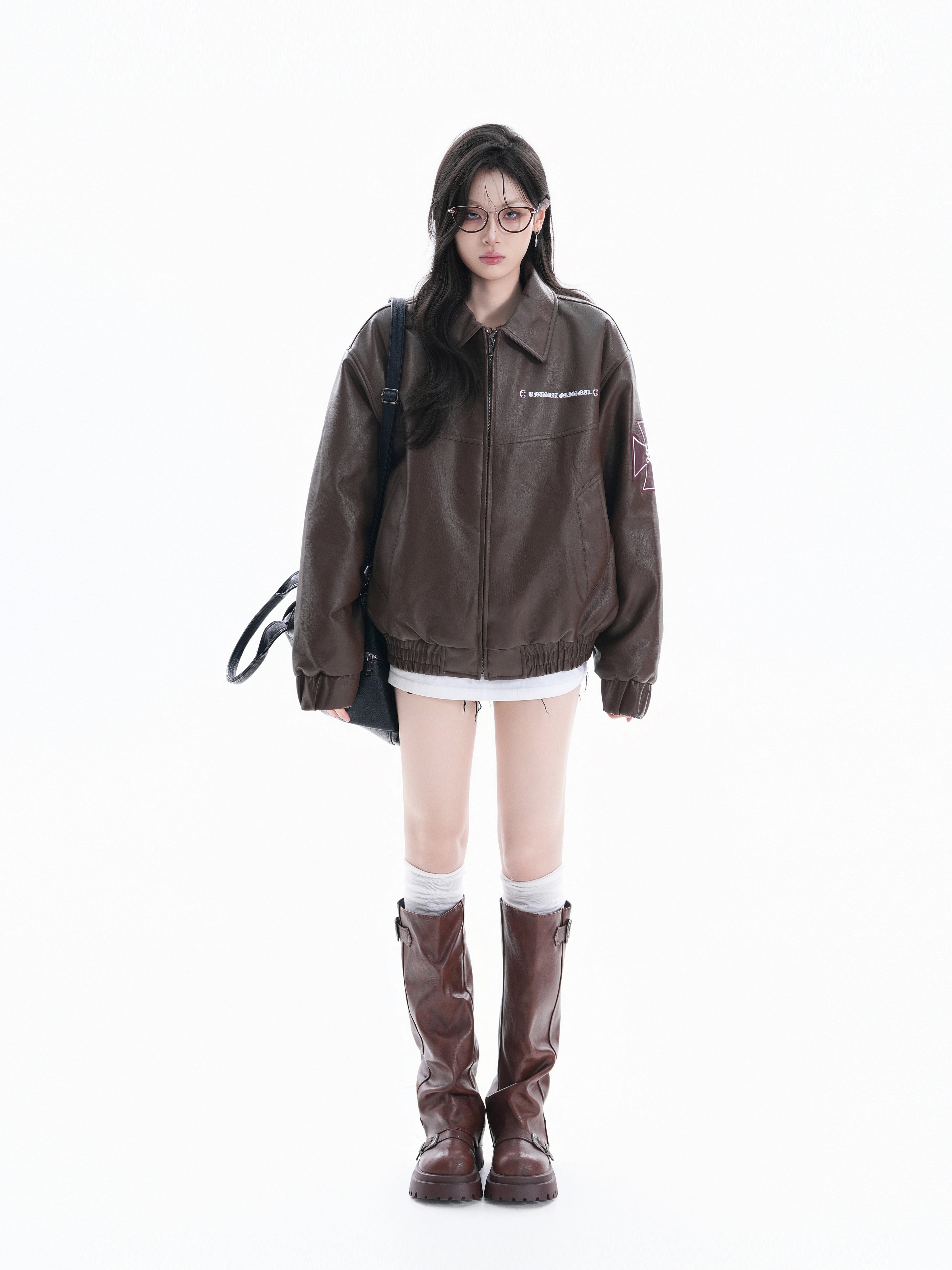 Zuocisankon Vintage Embroidered Pu Leather Jacket