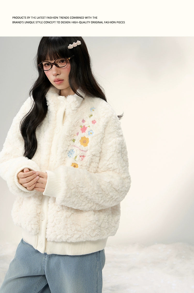 Umoumo Flower Embroidery Knitted Splicing Stand-up Collar Fur Jacket
