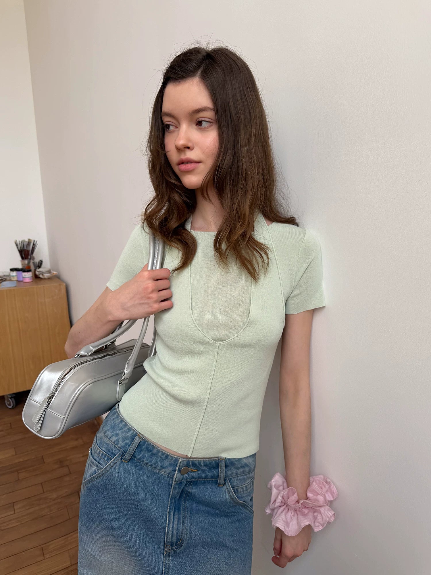 EGGKA Neck Fake Two Knitted Tee