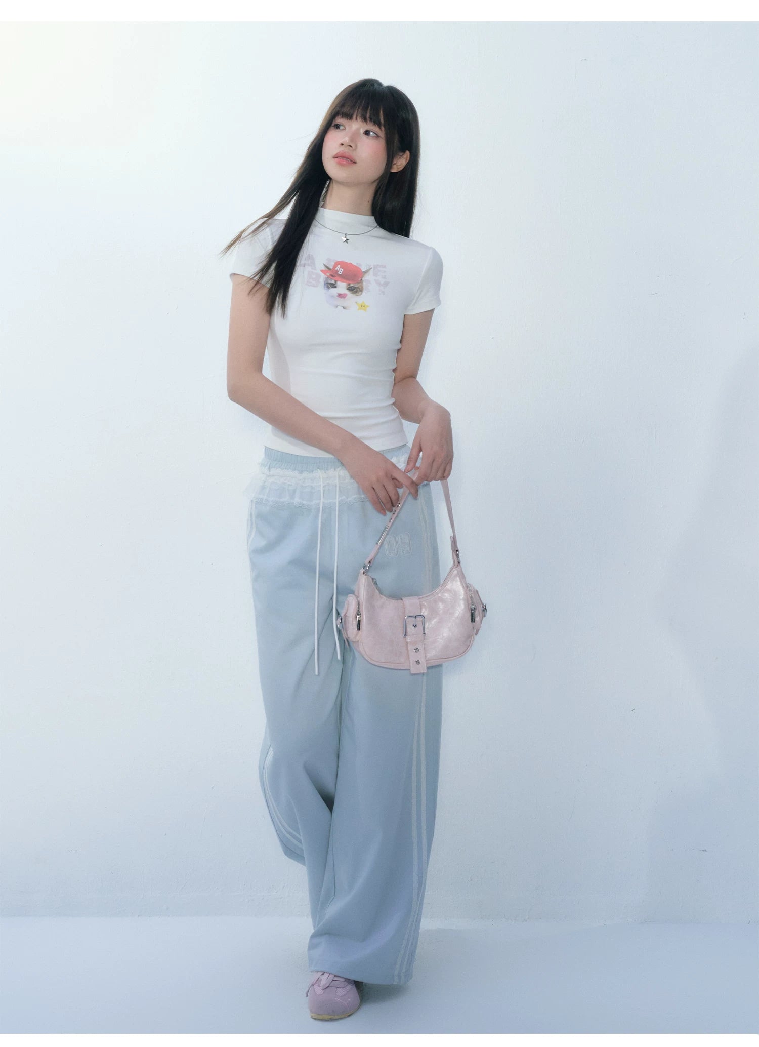 Ablueberry Splicing Lace Loose Straight Pants