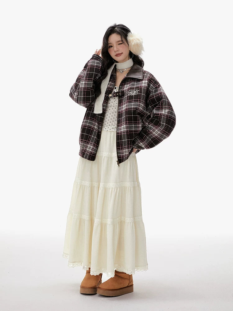 Imone Contrasting Plaid Leather Collar Loose Woolen Short Jacket