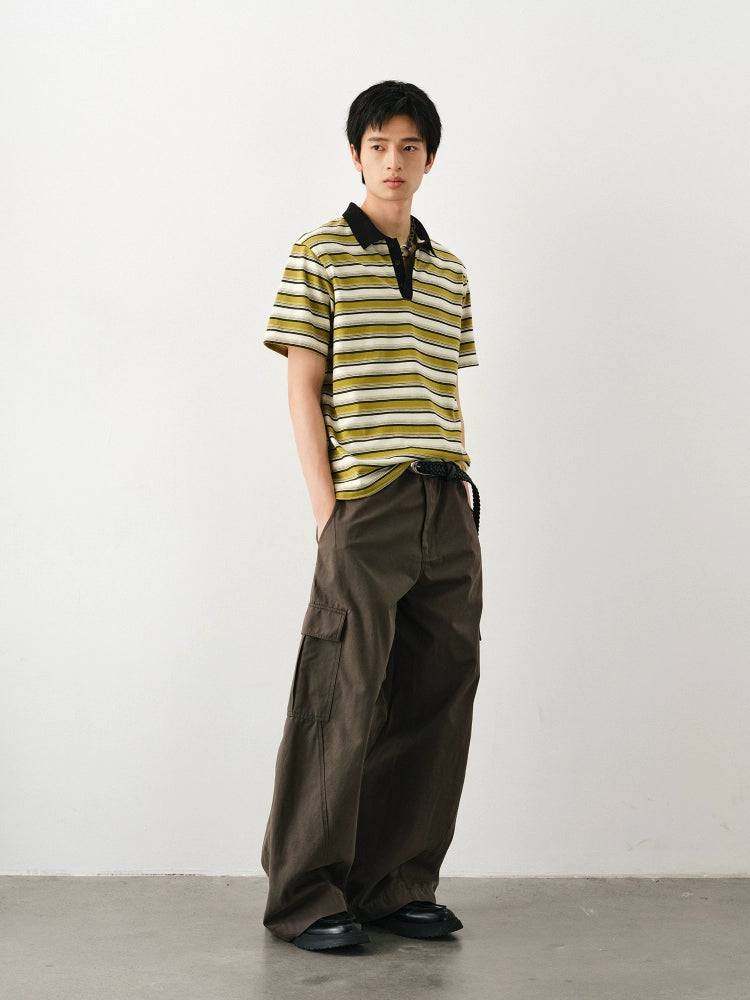 DIMC Spliced Collar Striped Polo Shirt