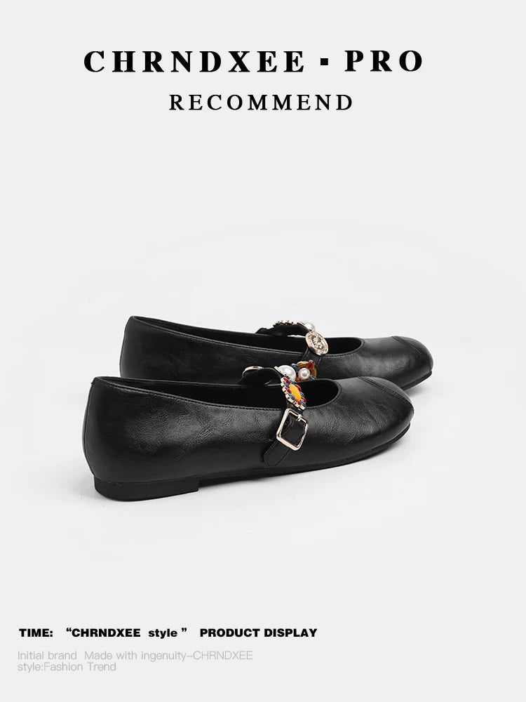 CHRNDXEE Retro Round Head Shallow Mouth Flat Mary Jane Shoes