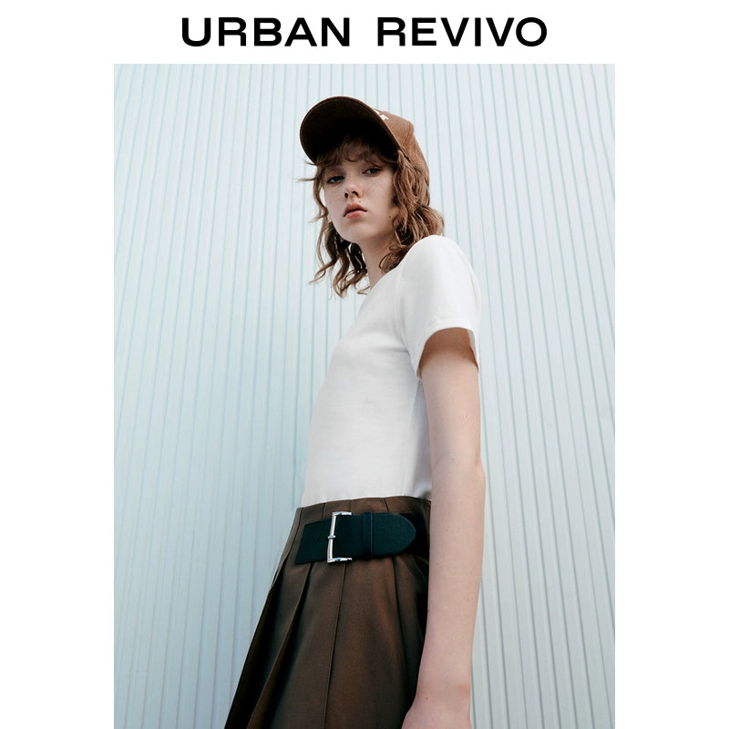 URBAN REVIVO Simple Basic Solid Color Cotton Round Neck Tee