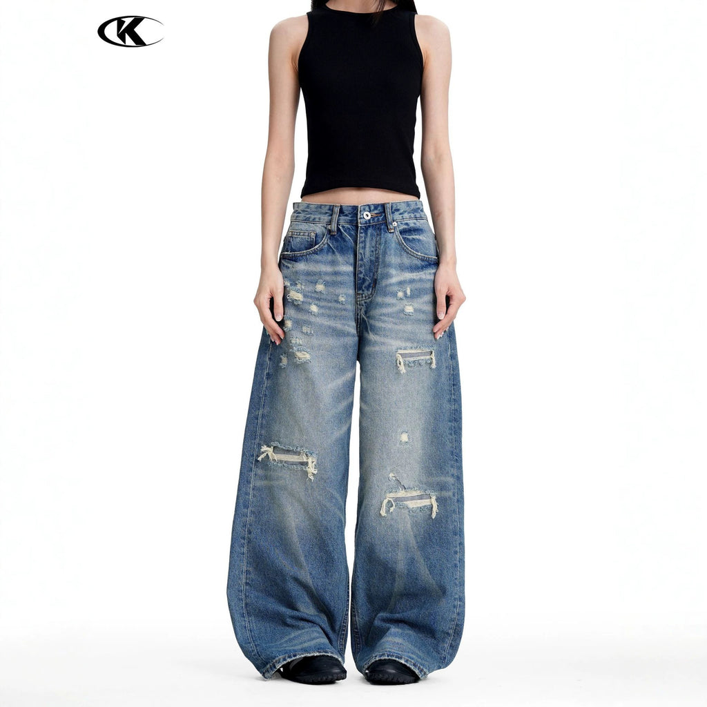 11KN Retro Loose Ripped Straight Mopping Jeans