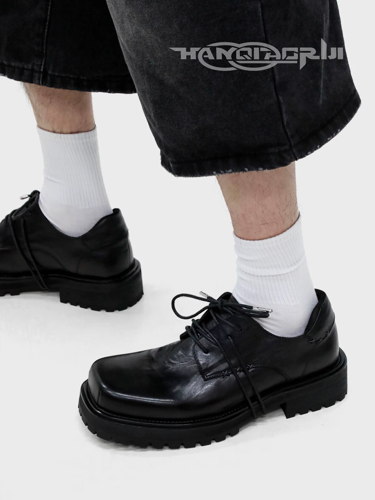 HANQIAORJI Cowhide Square Head Height-increasing Casual Leather Shoes