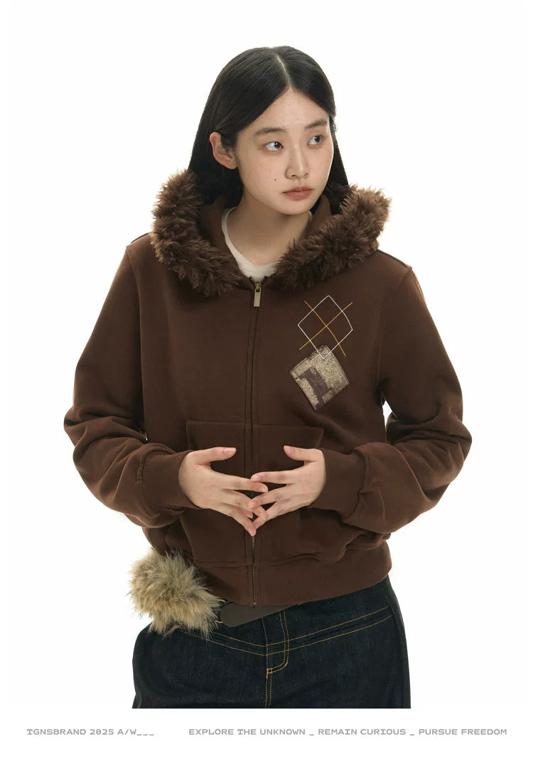 TGNS Hooded Removable Fur Collar Patch Embroidered Jacket