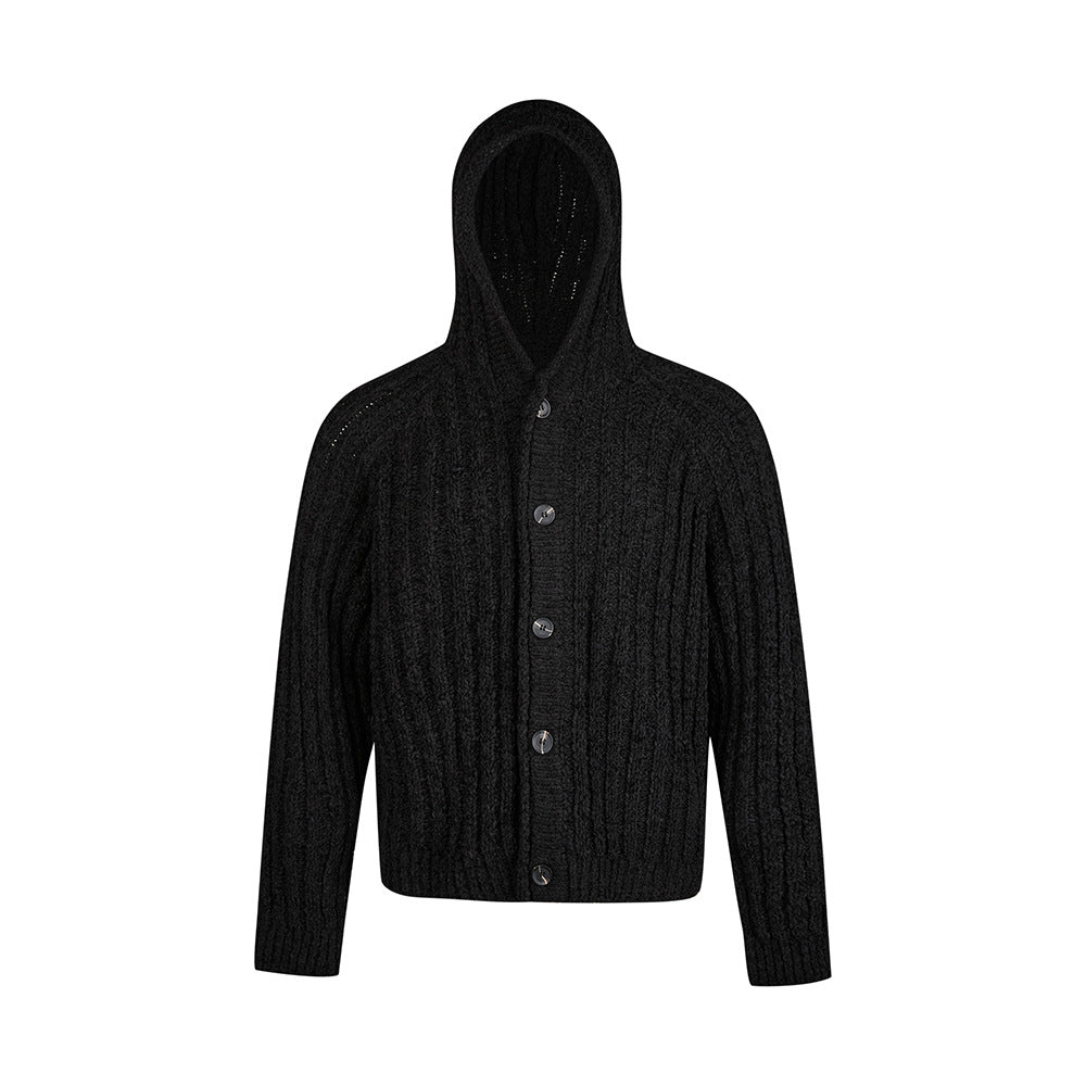 EME Thick Strip Pit Knit Ribbed Hooded Sweater Jacket