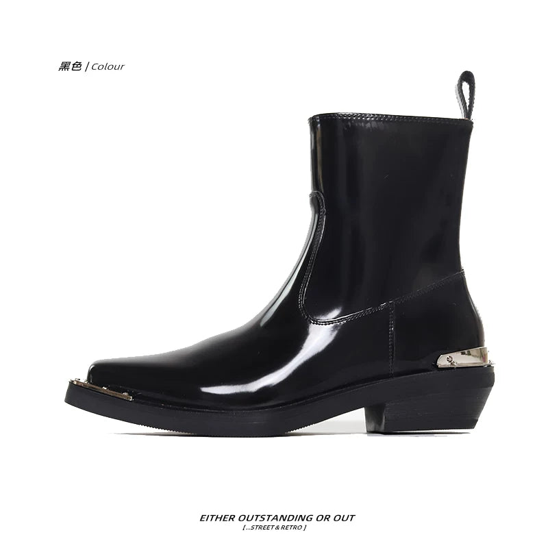 SHENLV STUDIO Glossy Square High-heeled Leather Boots
