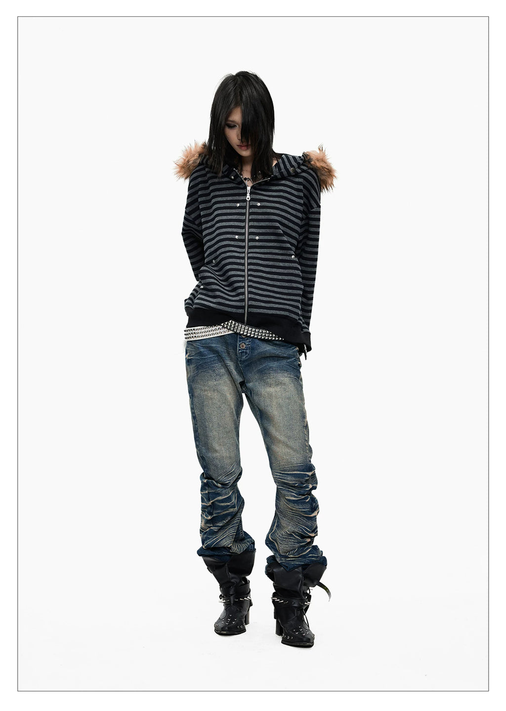 Lightinus Black and Grey Striped Fur Collar Hooded Zip Jacket