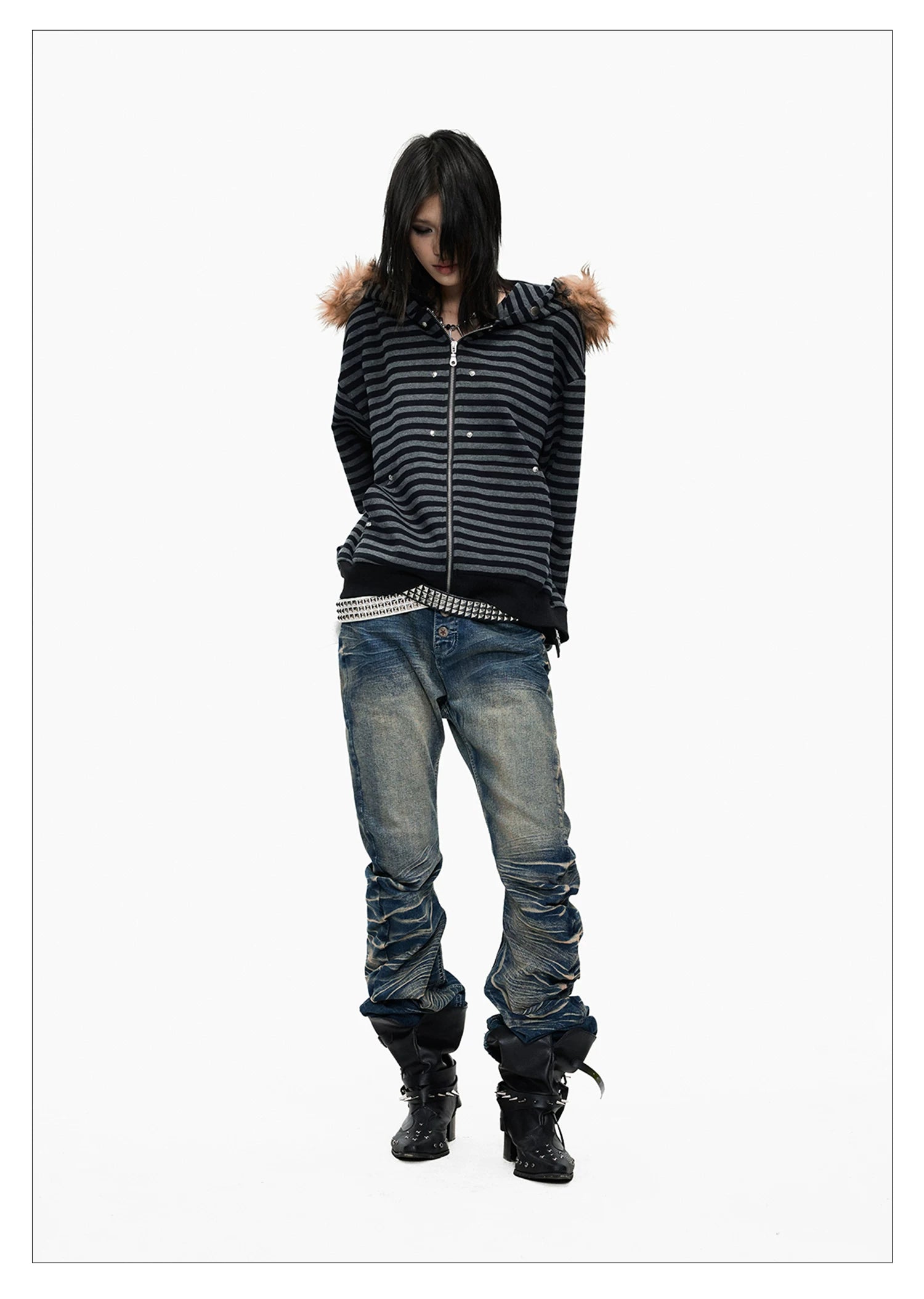 Lightinus Black and Grey Striped Fur Collar Hooded Zip Jacket
