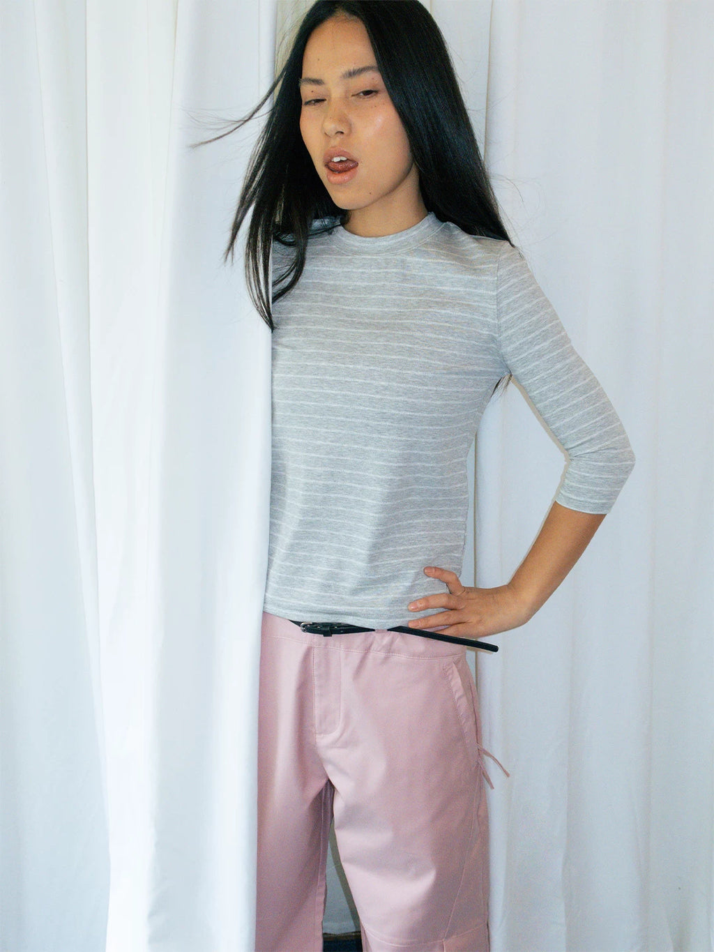 FUNKYFUN Stretch Pinstriped Front Shoulder Tee
