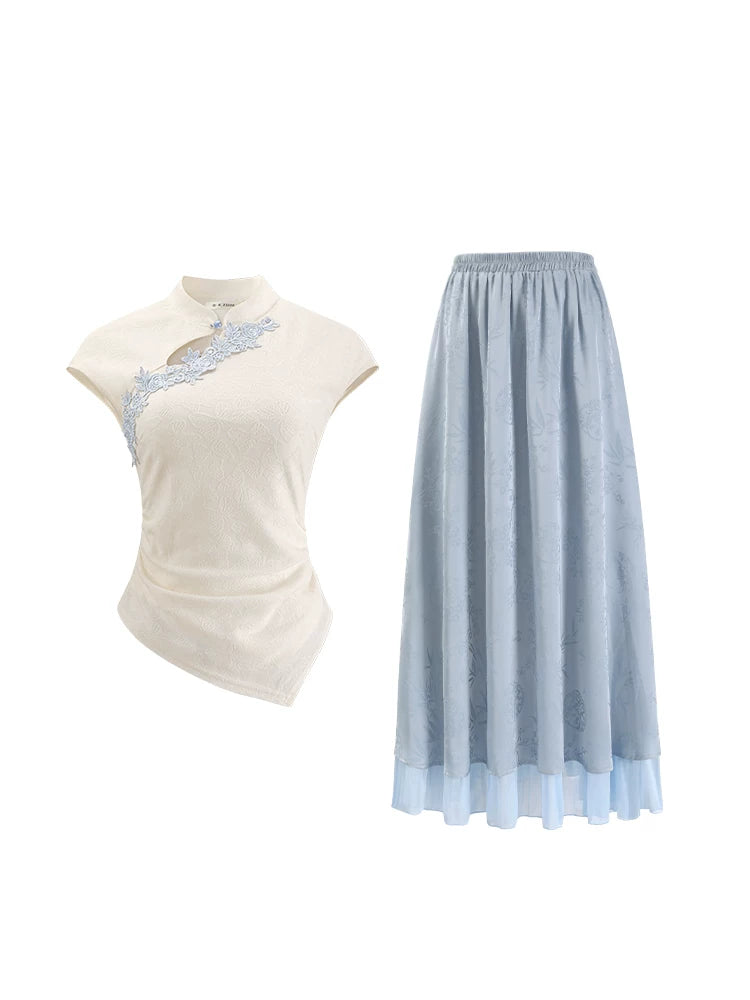 ZIHE Butterfly Jacquard Knitted Top Satin Skirt Set