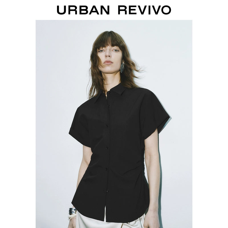 URBAN REVIVO Temperament Commuter Pleated Waist Open Shirt
