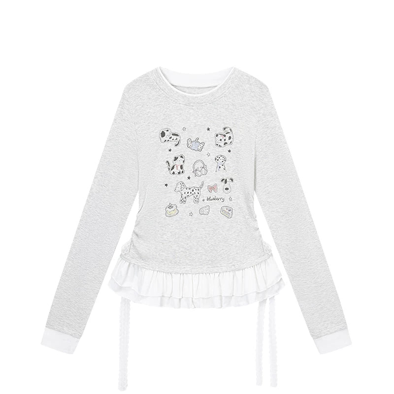 Ablueberry Animal Embroidered Lotus Leaf Hem Casual Long Sleeves
