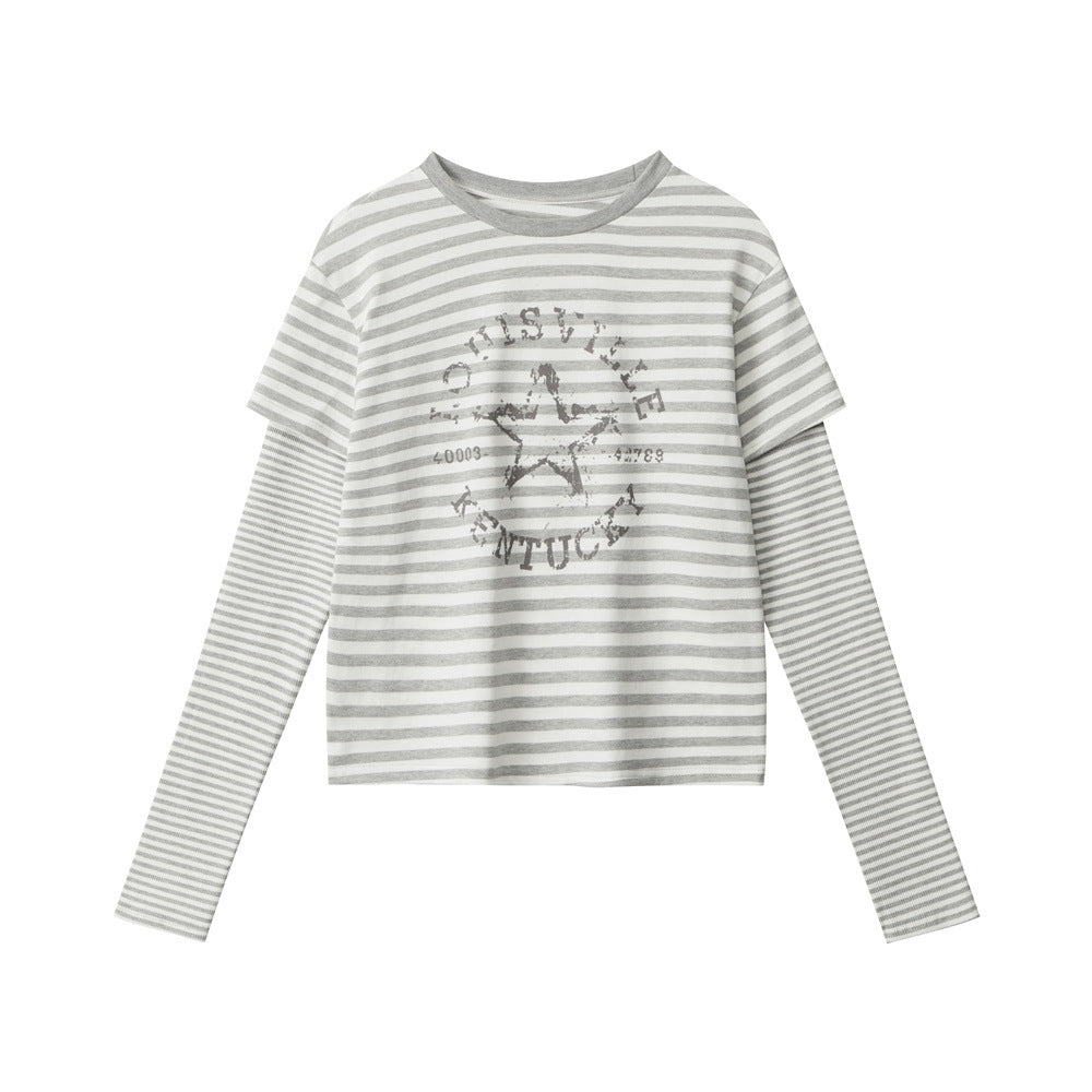 Nariele Vintage Striped Fake Two Piece Short Long Sleeve