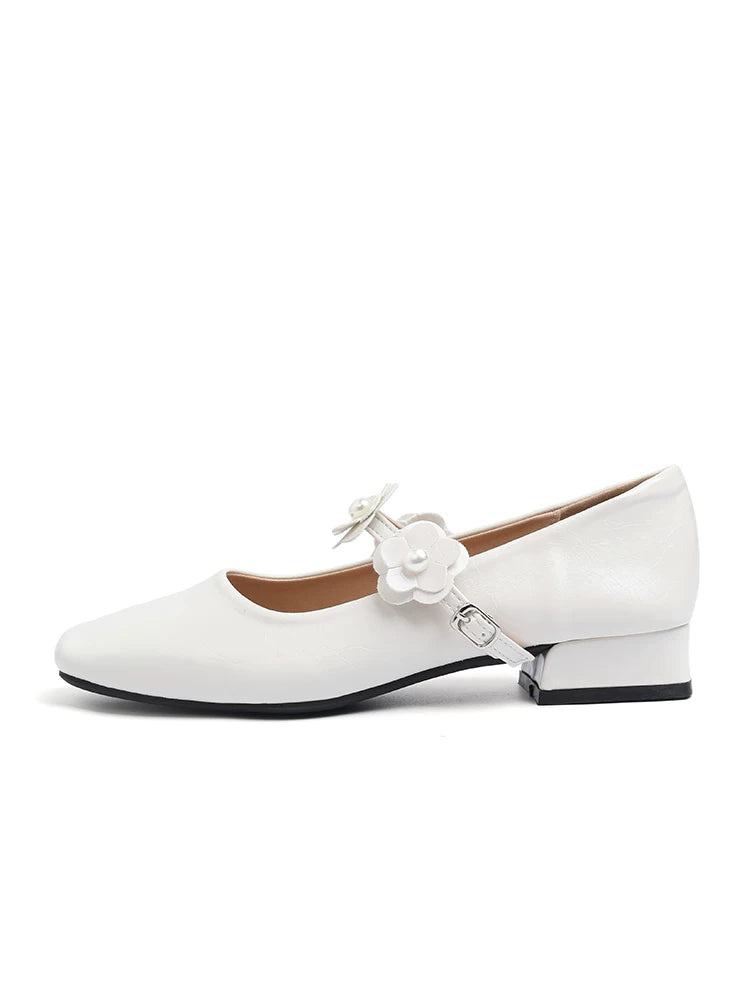 CHRNDXEE Flower Retro Soft Leather Thick Heel Light Mouth Single Shoes