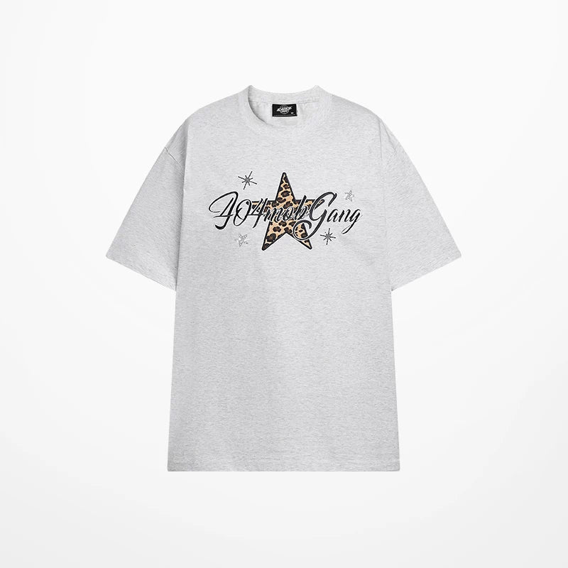 404MOB Leopard Print Star Hot Diamond Embroidery Tee