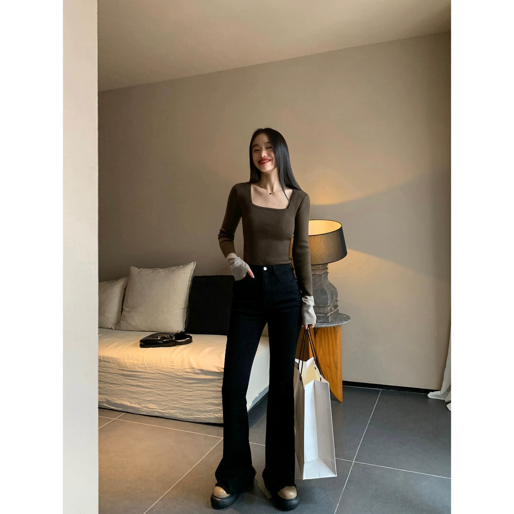 Pusumede Contrasting Color Slim-fitting Long-sleeved Knitted Sweater