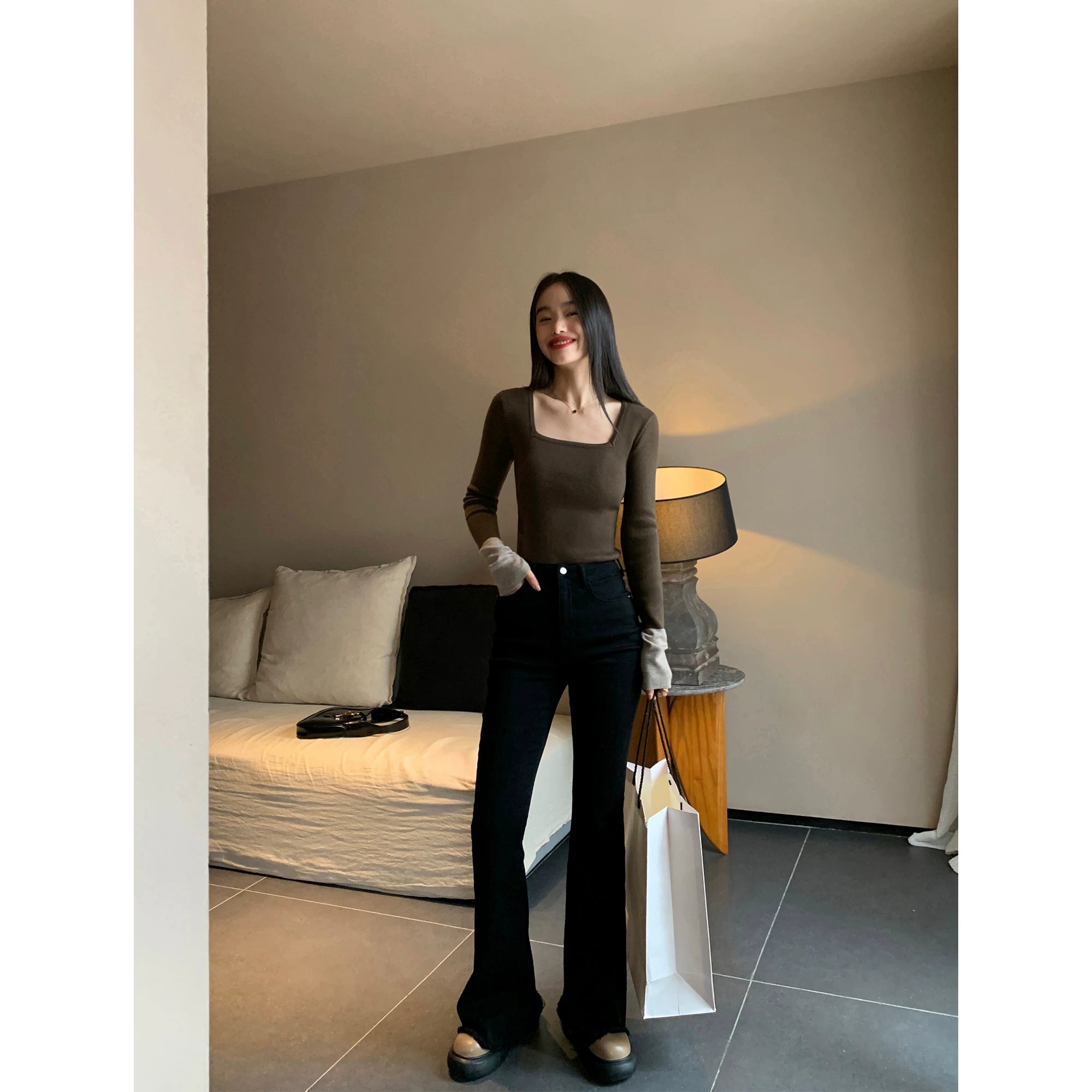 Pusumede Contrasting Color Slim-fitting Long-sleeved Knitted Sweater