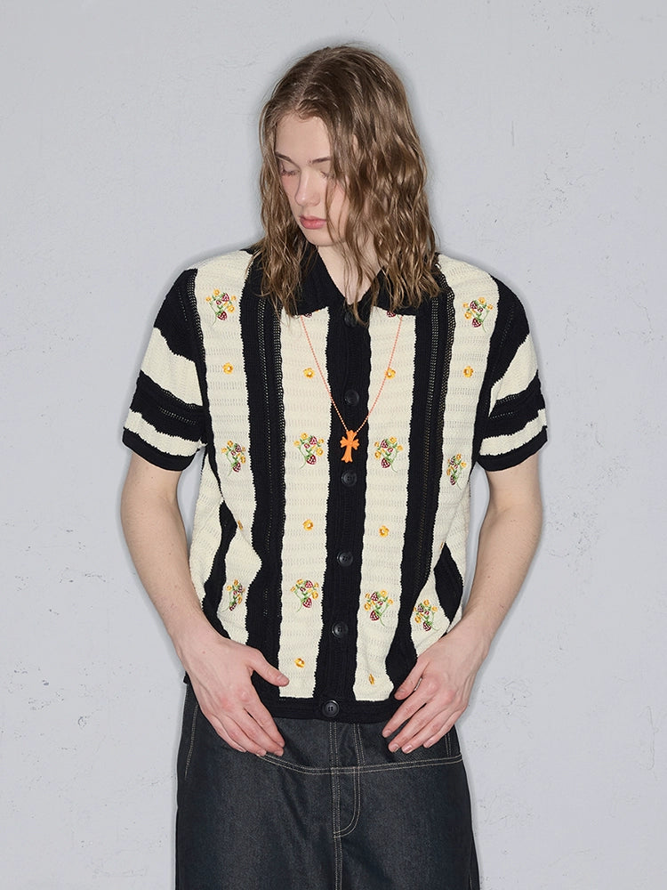 Rocawear Strawberry Flower Embroidered Knitted Short Sleeve Shirt