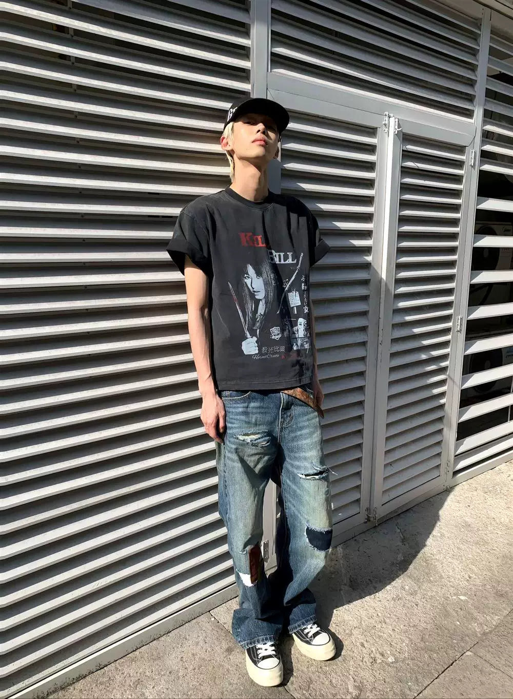 AMBSOM Small Neckline Old Short Wide Tee