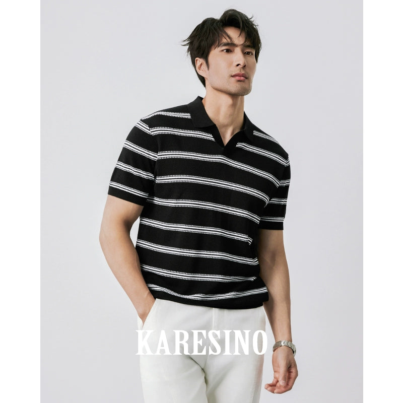 KARESINO Ice-silk Lapel-neck Striped Knitted Polo Shirt