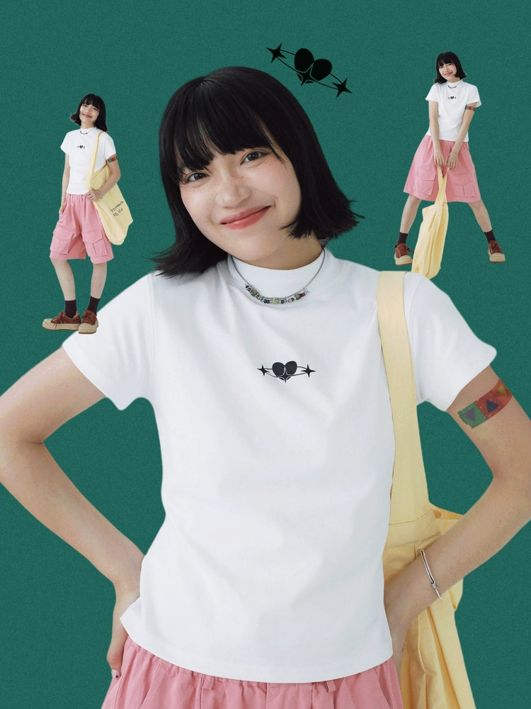 STILLYOU Retro Versatile Love Print Half Turtleneck Tee