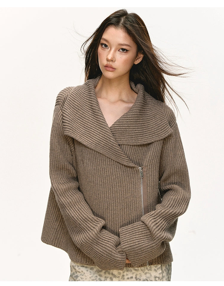 Anna Aneae Big Lapel Zip-up Sweater Jacket