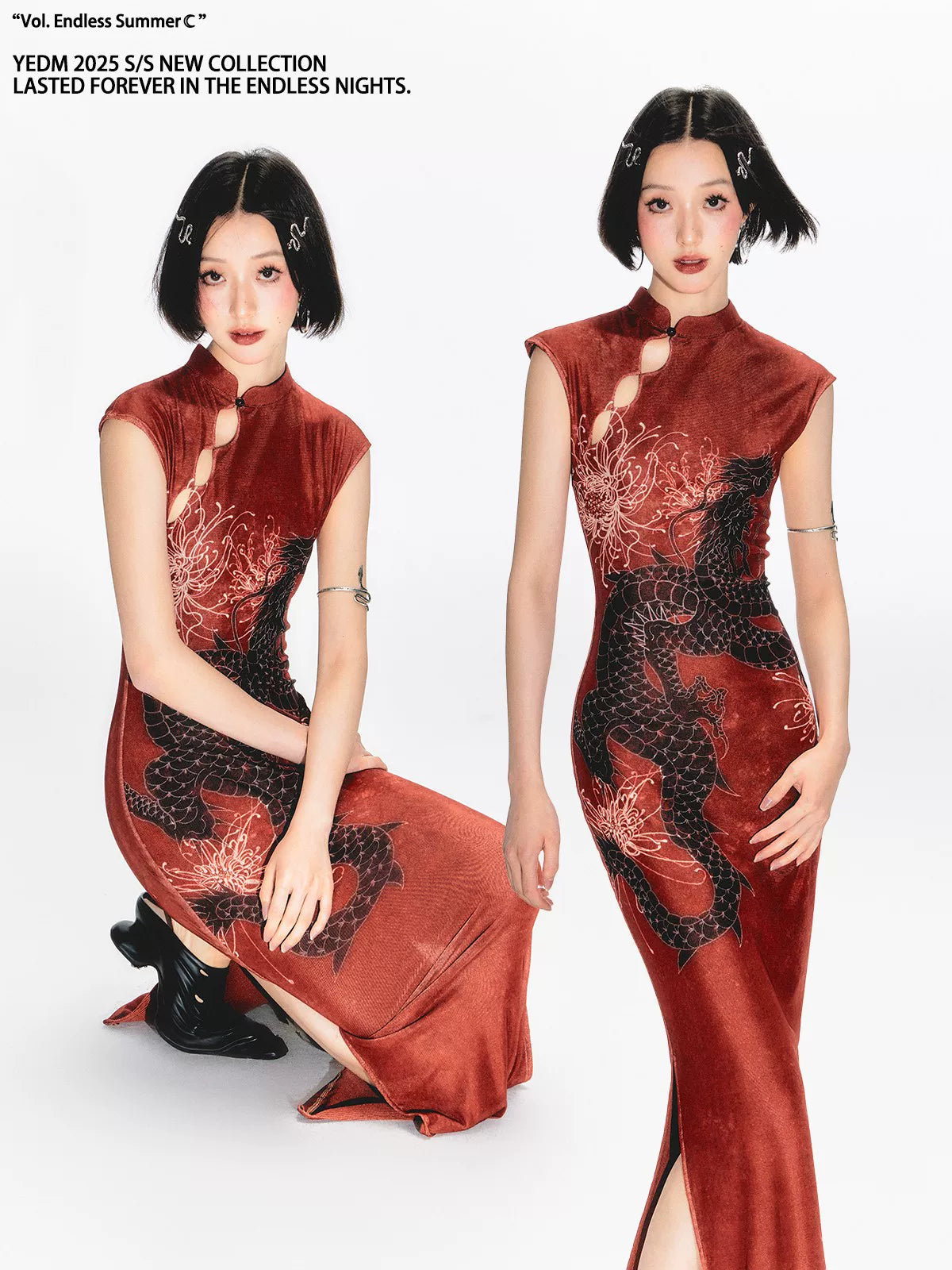 YEDM Dragon Print Cheongsam Stand-up Collar Sleeveless Dress