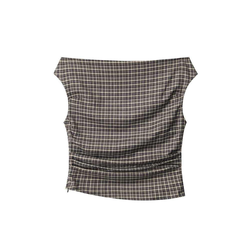 Nariele One-word Collar Short Plaid Vest