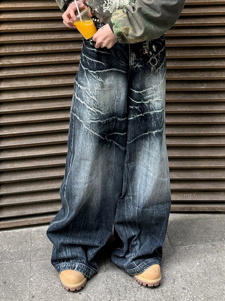 DND4DES Washed Old Lightning Pattern Loose Wide-leg Pants Jeans