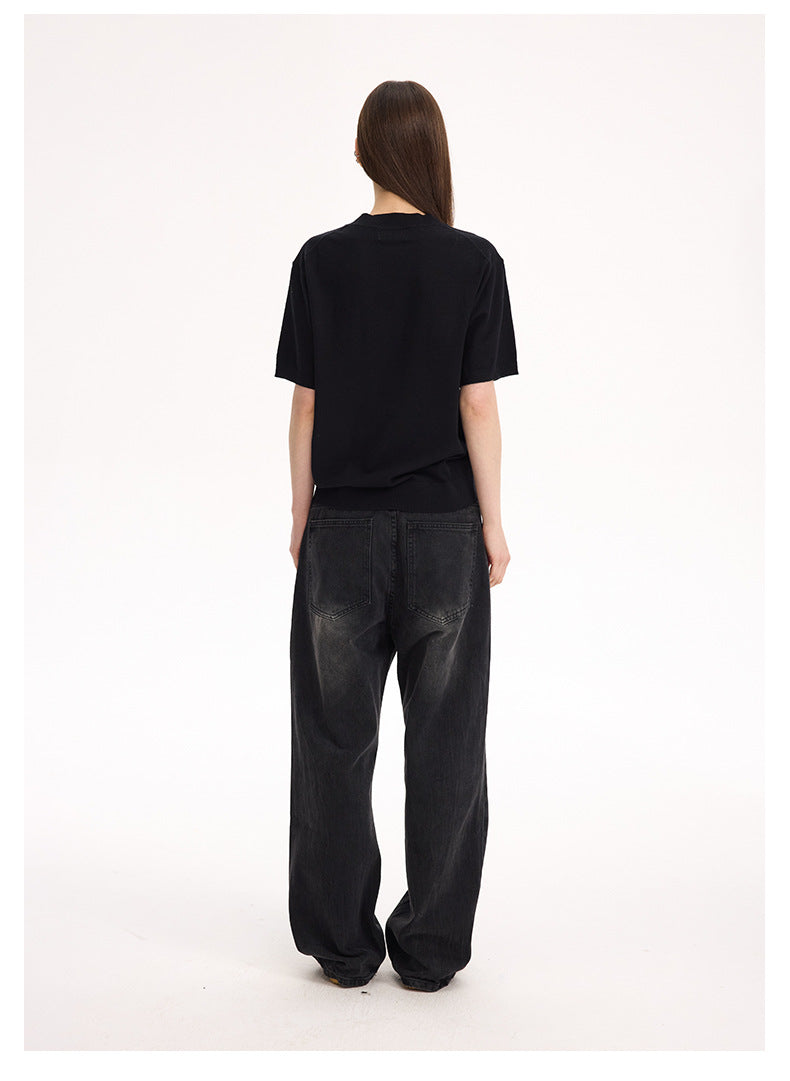 (Clearance) UNF 13.5oz Blockbuster Washed Old Cat Whiskers Baggy Bull Wide Leg Black Jeans