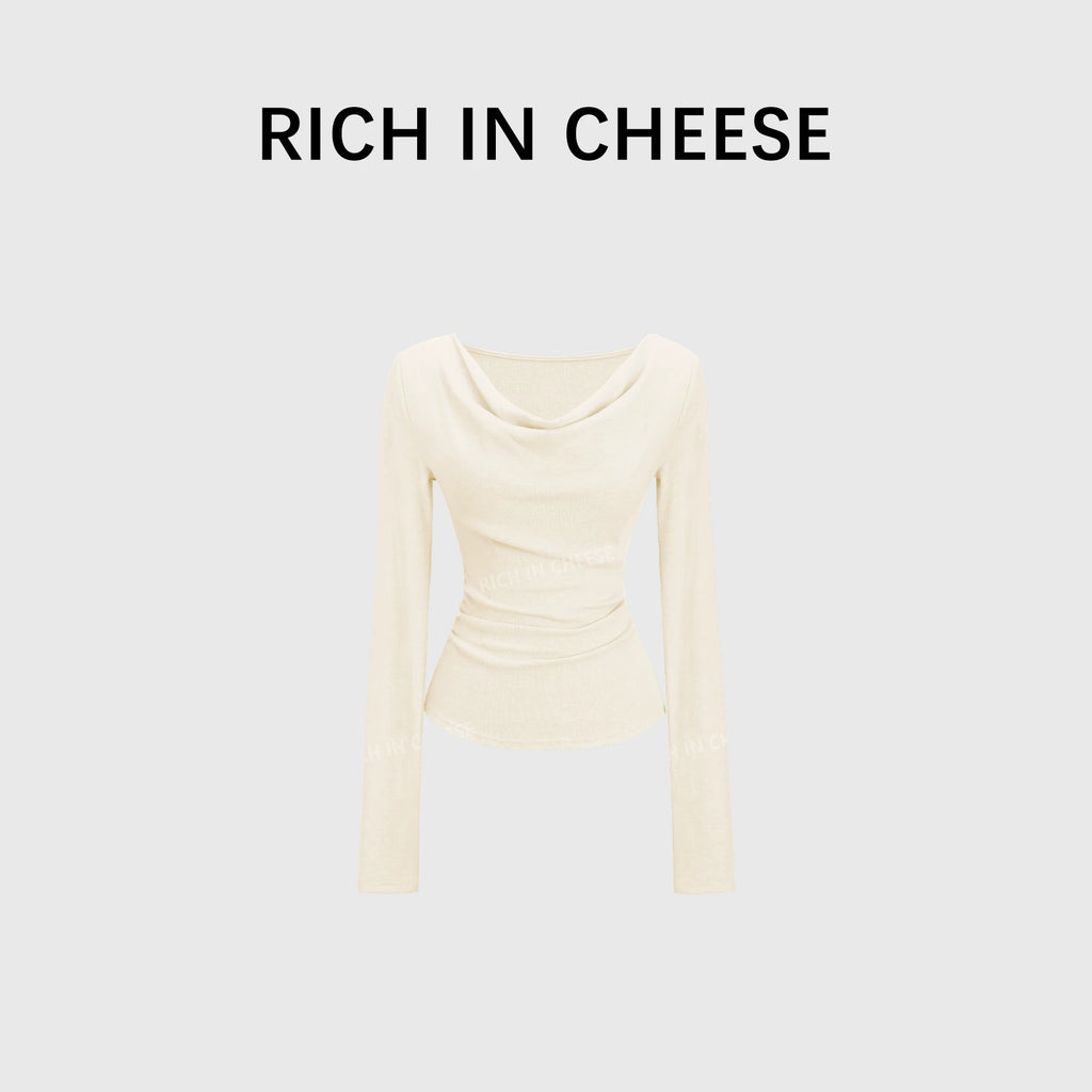 RICH IN CHEESE Swing Neck Knitted Waist Pleated Long Sleeves