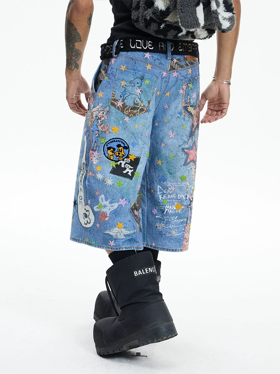 DND4DES Digital Printing Denim Shorts Cartoon Cropped Pants
