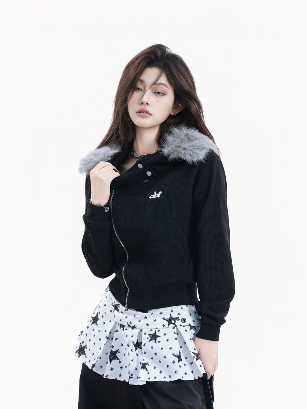 BF. BORFEND Fleece Removable Fur Collar Hooded Double-ended Zipper Jacket