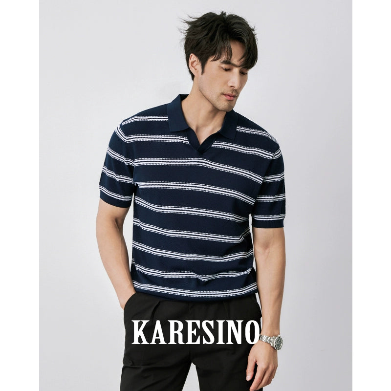 KARESINO Ice-silk Lapel-neck Striped Knitted Polo Shirt