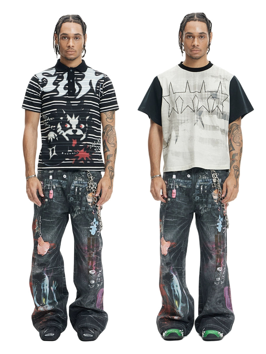 DND4DES Dark Wind Cartoon Printed Straight Jeans