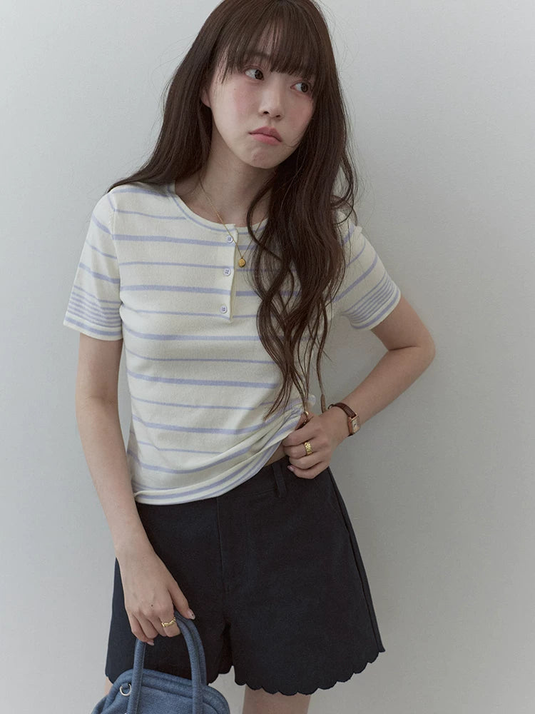 VOOE Contrasting Color Crew Neck Striped Knitted Tee