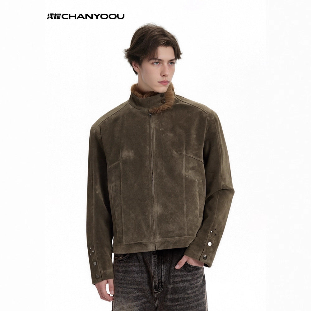 CHANYOOU Retro Stand-up Collar Fur Collar Fleece Short Coat