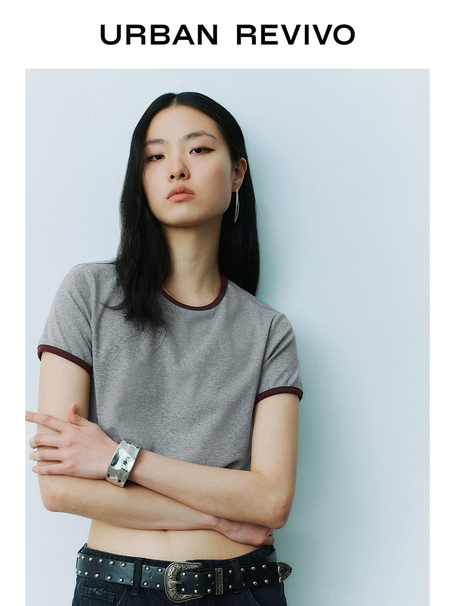 URBAN REVIVO Casual Contrasting Lines Crew Neck Short Sleeve T-Shirt