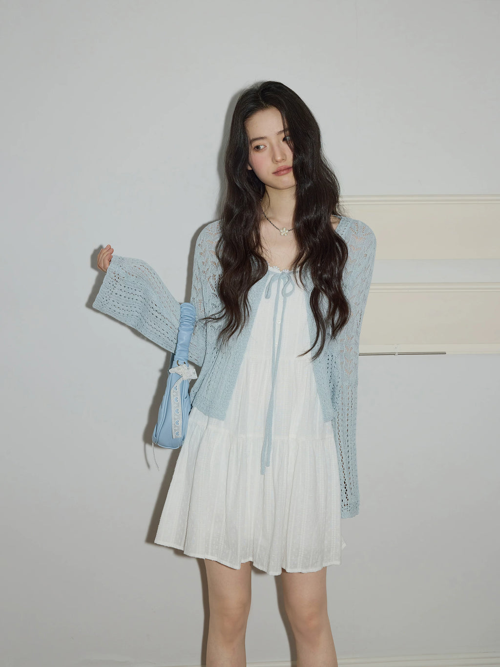 XUJING Lace-up Hollow-out Long-sleeved Knitted Cardigan