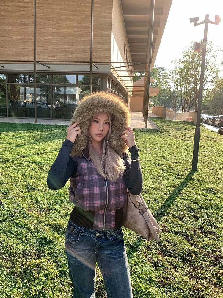 EAHO Plaid Sweater Cotton-padded Jacket Vest