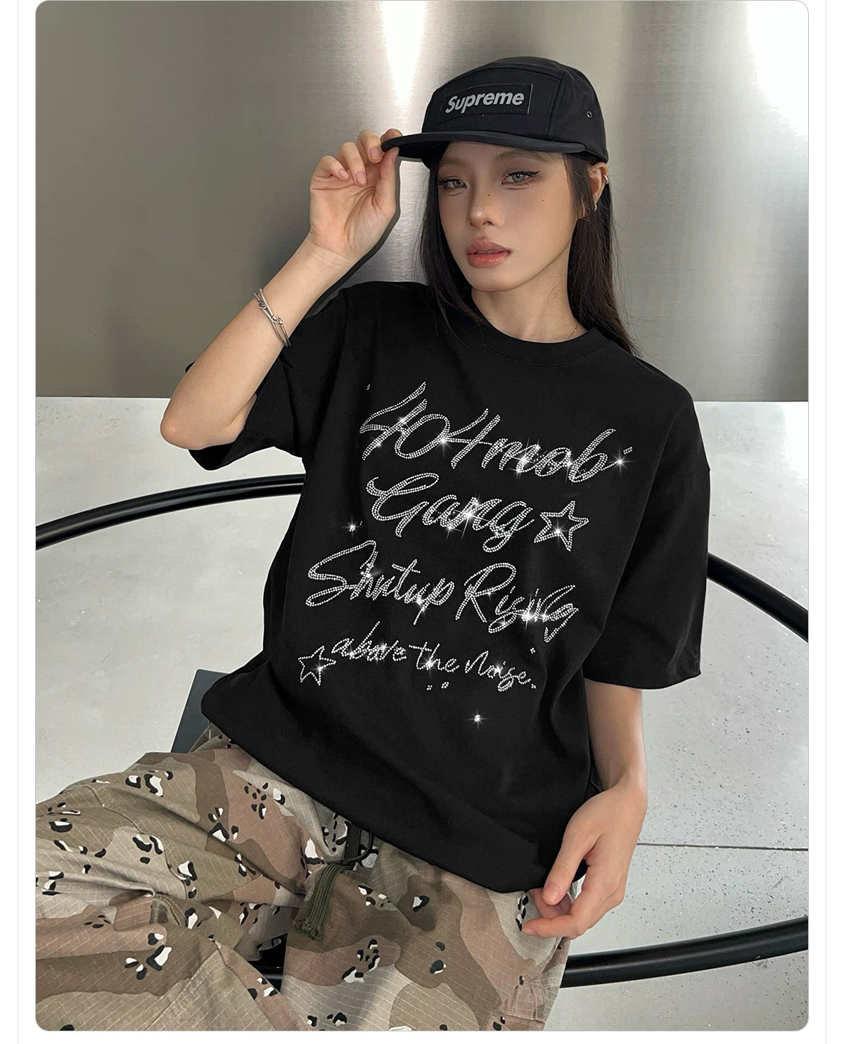 404MOB Letter Hot Diamond Round Neck Loose Tee