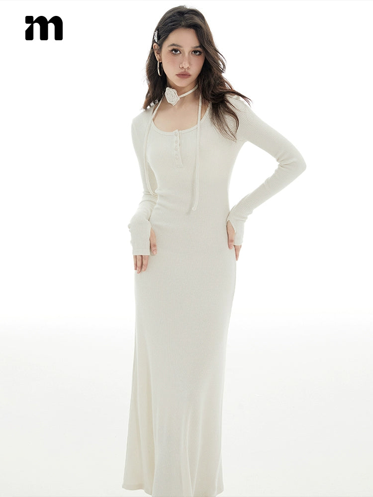 Imone Silver Rose Strap Finger Covers Long Sleeve Dress
