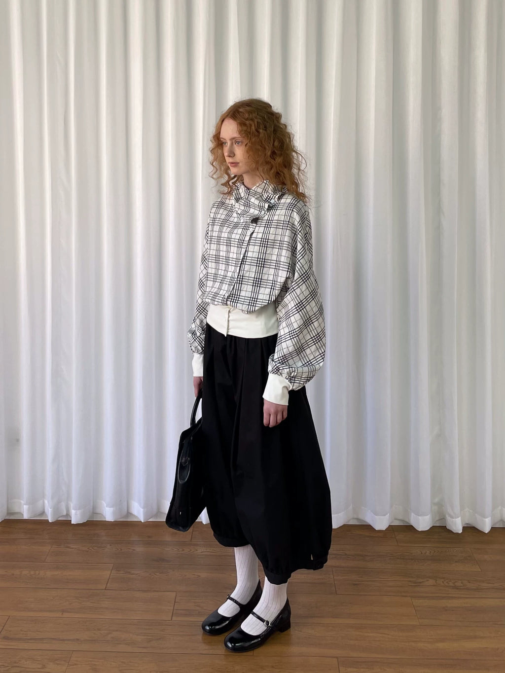 Loosesmell Plaid Pleated Collar Long-sleeved Shirt Jacket