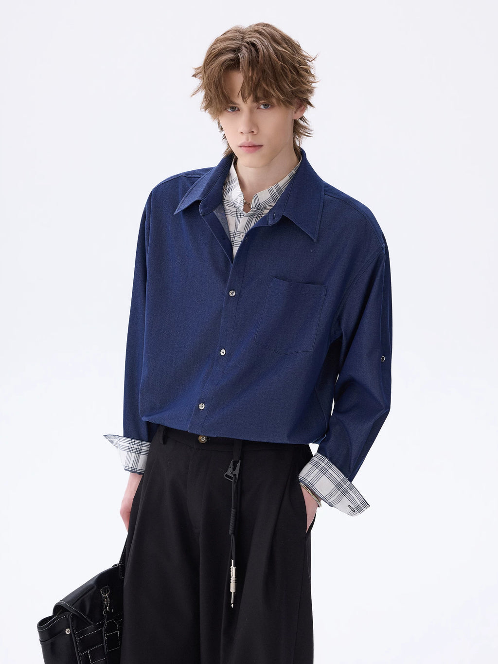CHOR Ice Silk Denim Puzzled Plaid Double Collar Long Sleeve Shirt