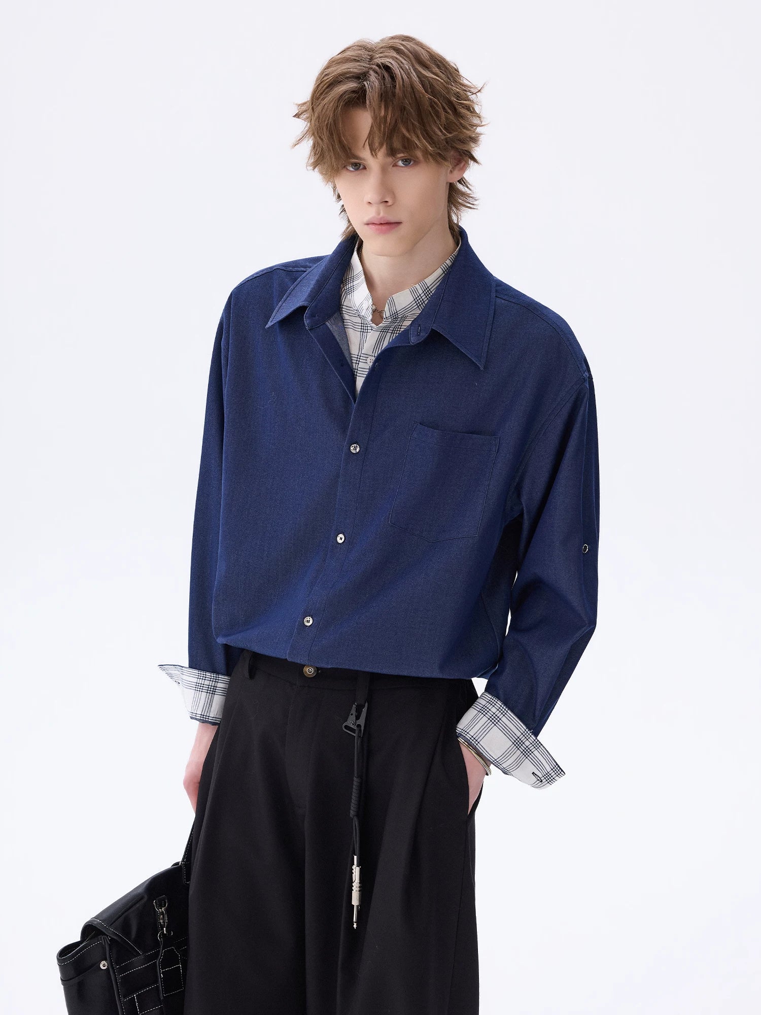 CHOR Ice Silk Denim Puzzled Plaid Double Collar Long Sleeve Shirt