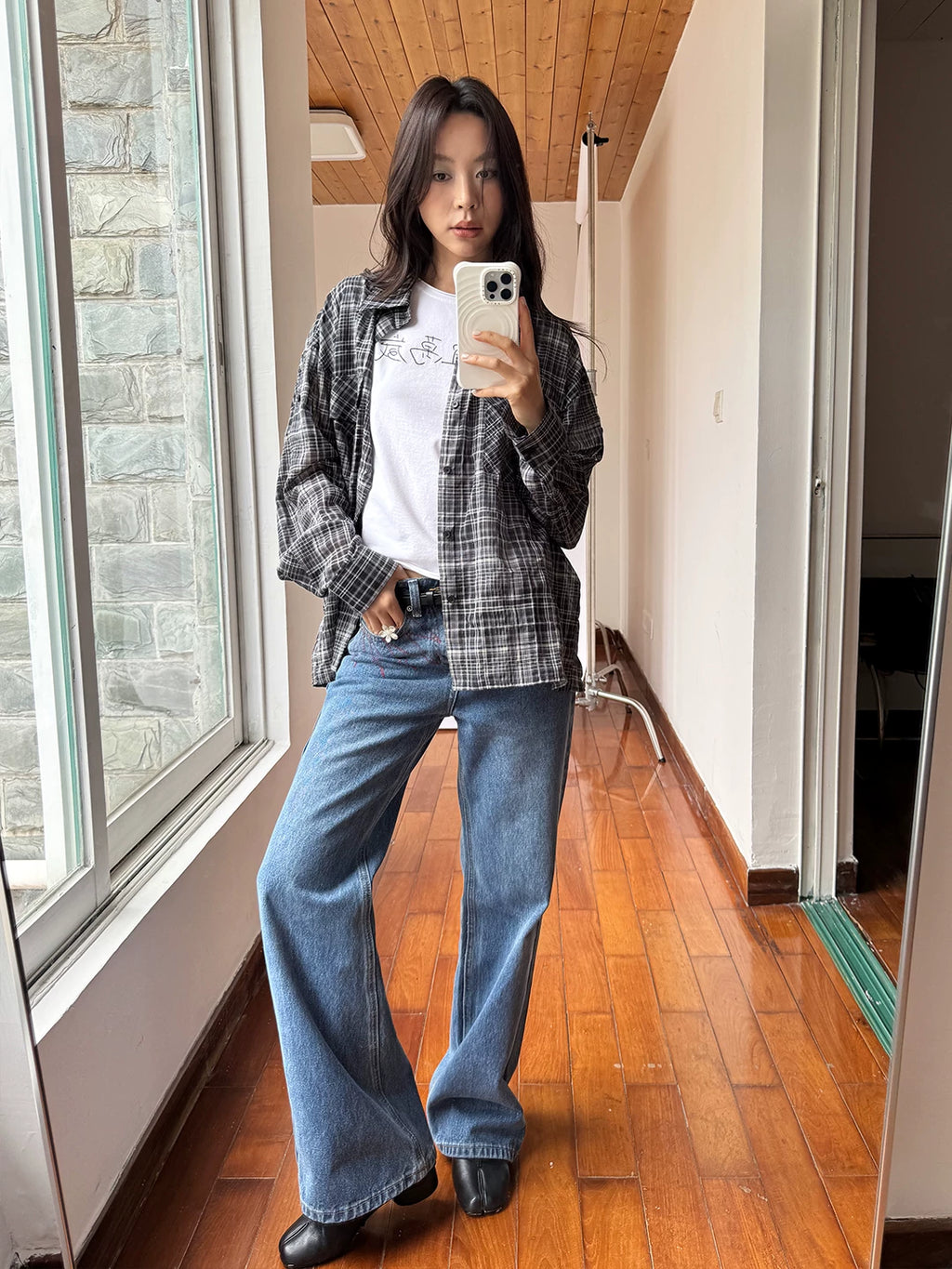 FUNKYFUN Retro Embroidered Slightly Pulled Old Jeans