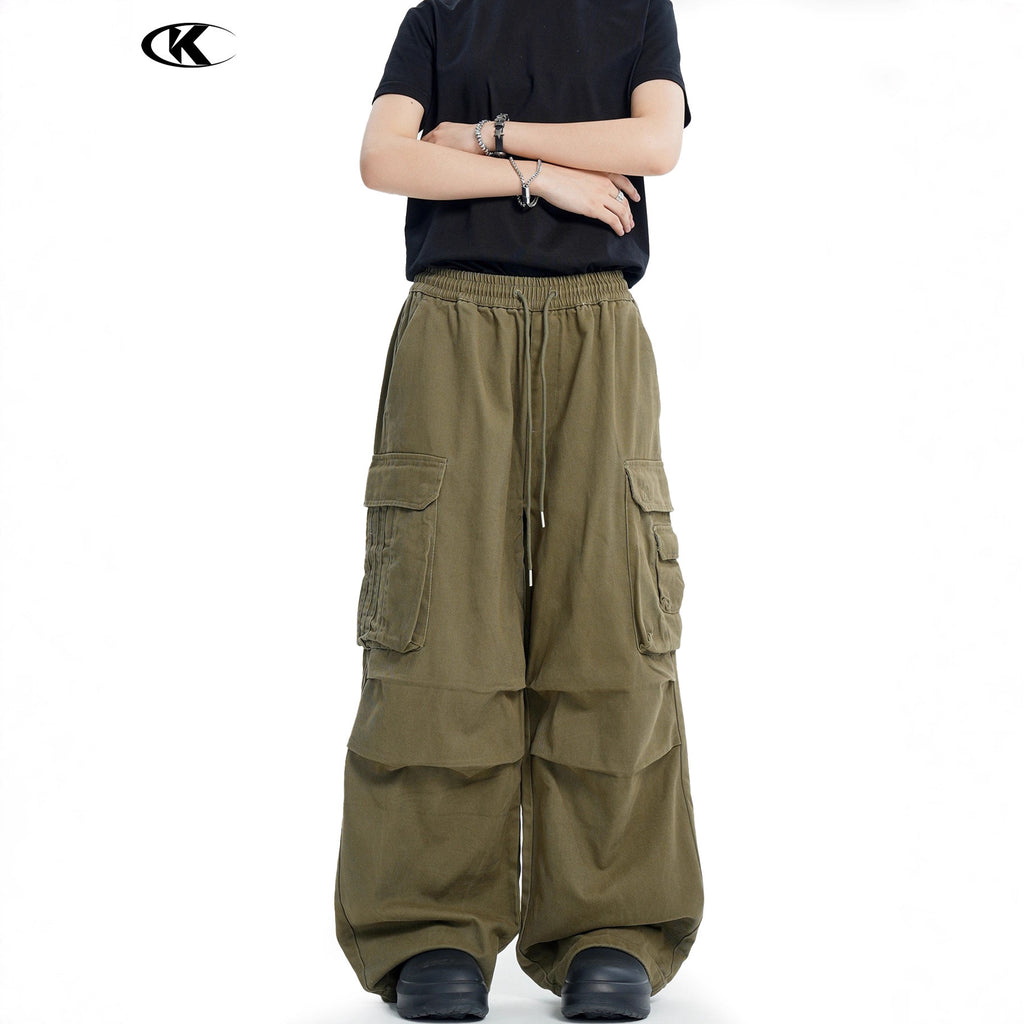 11KN Retro Drape Multi-pocket Drawstring Wide-leg Pants
